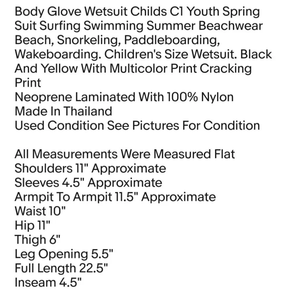 Body Glove Wetsuit Childs C1 Youth Spring Suit Surfing Swimming Summer Beachwear
